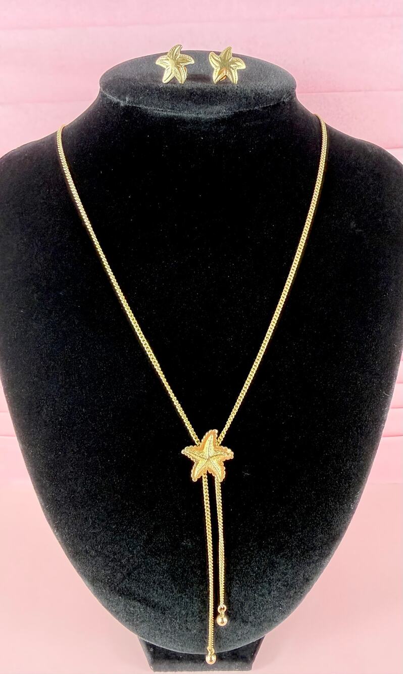 1980s Vintage Avon Gold Tone Starfish Lariat Y 26" Layering Necklace Earring Set
